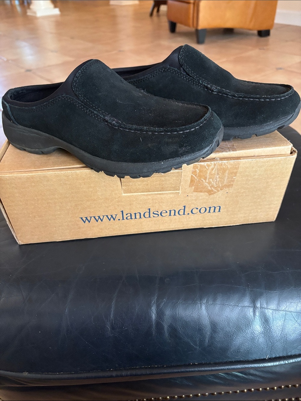 Lands' End Black Suede Slip-On Clog Loafers